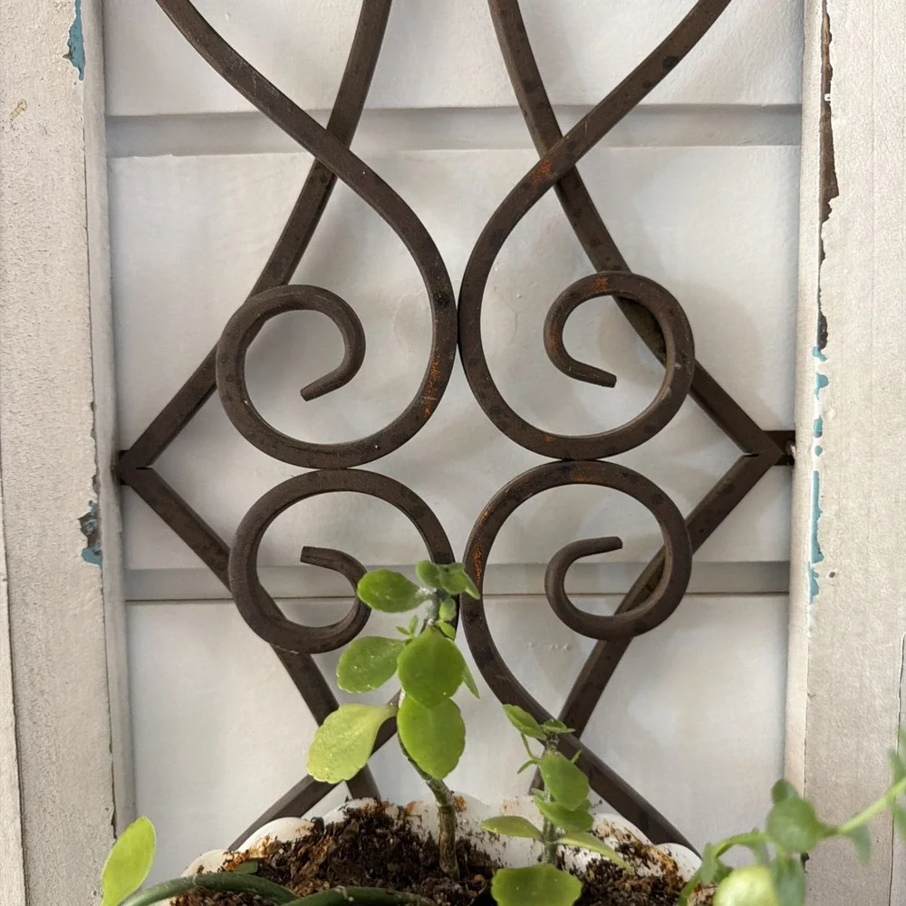 Rustic Farmhouse Wood Frame Wall Decor Metal Scroll Window Candle Or Plant Hold